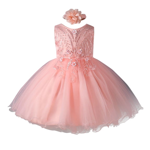 Girls Princess Gown Performance Girls Sleeveless Tulle Princess Dress with Floral Embroidery and Headband for Birthday Party Wedding Special Occasion Princess Dress Up for Girls 4-6 (Light pink 70)