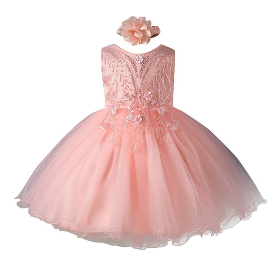 Girls Princess Gown Performance Girls Sleeveless Tulle Princess Dress with Floral Embroidery and Headband for Birthday Party Wedding Special Occasion Princess Dress Up for Girls 4-6 (Light pink 90)