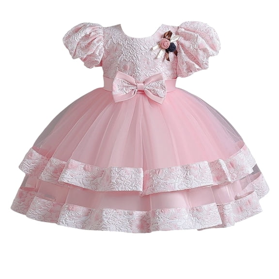 Girls Princess Gown Performance Girls Tulle Puff Sleeve Dress with Bow and Floral Appliqué Elegant Layered Skirt for Special Occasions Party Wedding Princess Dress Up for Girls 4-6 (Pink 70)