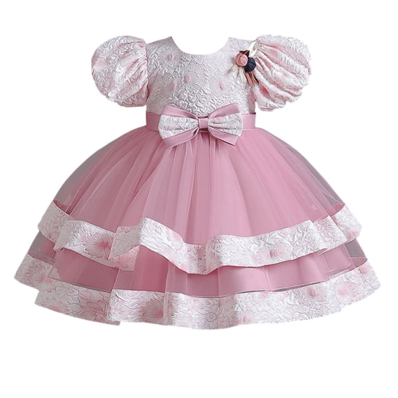 Girls Princess Gown Performance Girls Tulle Puff Sleeve Dress with Bow and Floral Appliqué Elegant Layered Skirt for Special Occasions Party Wedding Princess Dress Up for Girls 4-6 (Light pink 110)