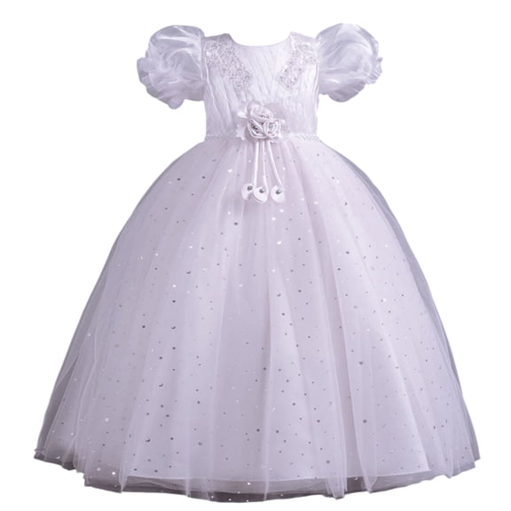 Girls Princess Gown Performance Girls Tulle Puff Sleeve Dress Embroidered Bodice Sequined Mesh Ball Gown Formal Princess Costume for Special Occasions Princess Dress Up for Girls 4-6 (White 110)