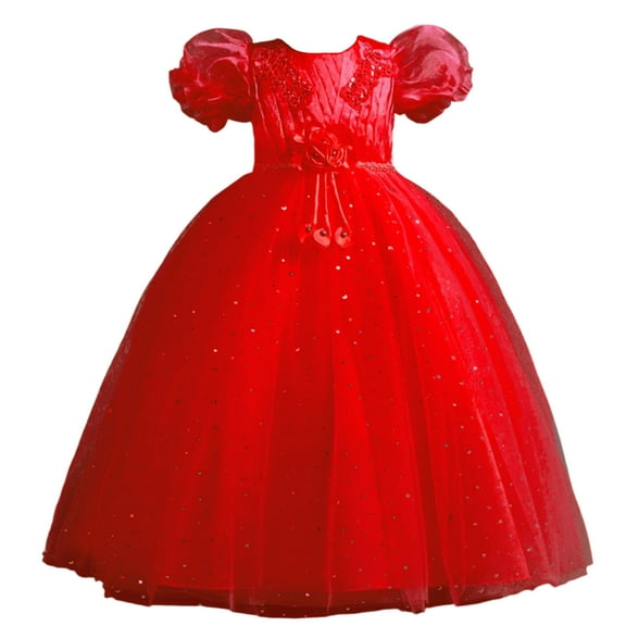 Girls Princess Gown Performance Girls Tulle Puff Sleeve Dress Embroidered Bodice Sequined Mesh Ball Gown Formal Princess Costume for Special Occasions Princess Dress Up for Girls 4-6 (Red 150)