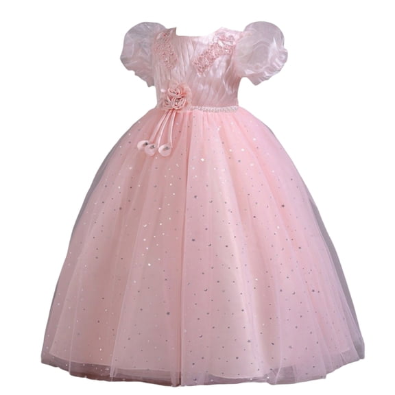 Girls Princess Gown Performance Girls Tulle Puff Sleeve Dress Embroidered Bodice Sequined Mesh Ball Gown Formal Princess Costume for Special Occasions Princess Dress Up for Girls 4-6 (Pink 140)