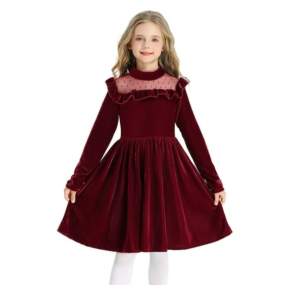 Girls Princess Gown Performance Girls Velvet Long Sleeve Dress with Sheer Polka Dot Ruffle Yoke and Gathered Skirt for Special Occasion Party Wear Princess Dress Up for Girls 4-6 (Wine 150)