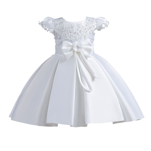 Girls Princess Gown Performance Kids Girls Dress with Floral Overlay and Bowknot Short Sleeve Round Neck Pleated Skirt for Special Occasions Princess Dress Up for Girls 4-6 (White 60)