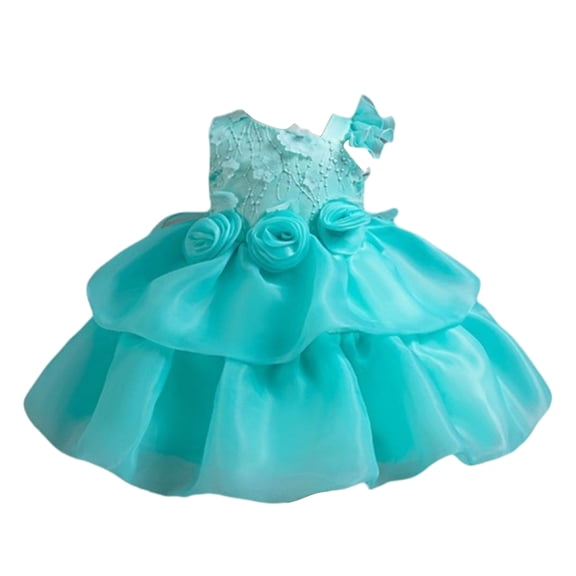 Girls Princess Gown Performance Kids Girls Formal Dress Layered Organza Skirt Floral Appliques Sleeveless Party Gown Bow Decorated Back Zipper Closure Princess Dress Up for Girls 4-6 (Turquoise 70)