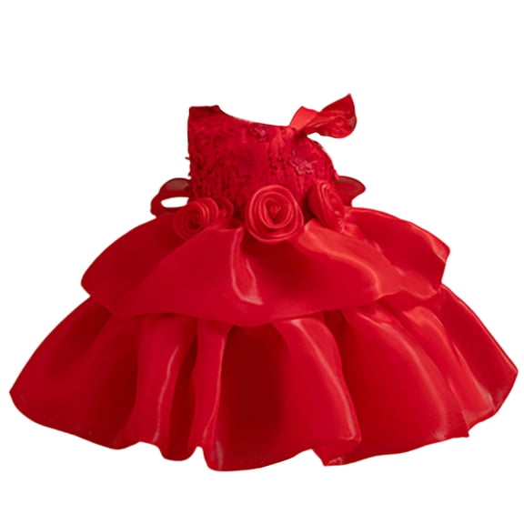 Girls Princess Gown Performance Kids Girls Formal Dress Layered Organza Skirt Floral Appliques Sleeveless Party Gown Bow Decorated Back Zipper Closure Princess Dress Up for Girls 4-6 (Red 70)