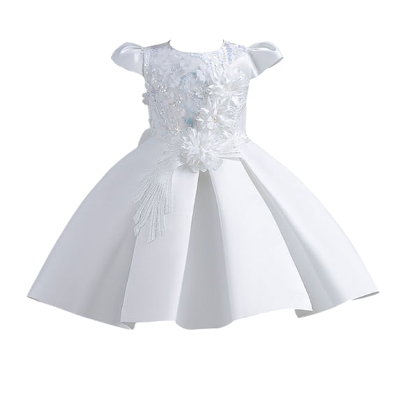 Girls Princess Gown Performance Kids Girls Sleeveless Floral Embroidered Mesh Overlay Dress with 3D Applique and Layered Skirt for Special Occasions Princess Dress Up for Girls 4-6 (White 70)