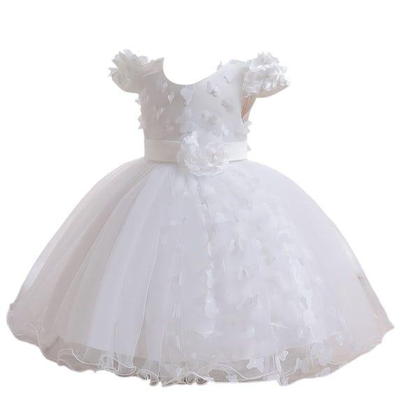 Girls Princess Gown Performance Kids Girls Tulle Dress with 3D Floral Appliques Short Sleeve Ball Gown Style for Special Occasions and Parties Princess Dress Up for Girls 4-6 (White 12M)