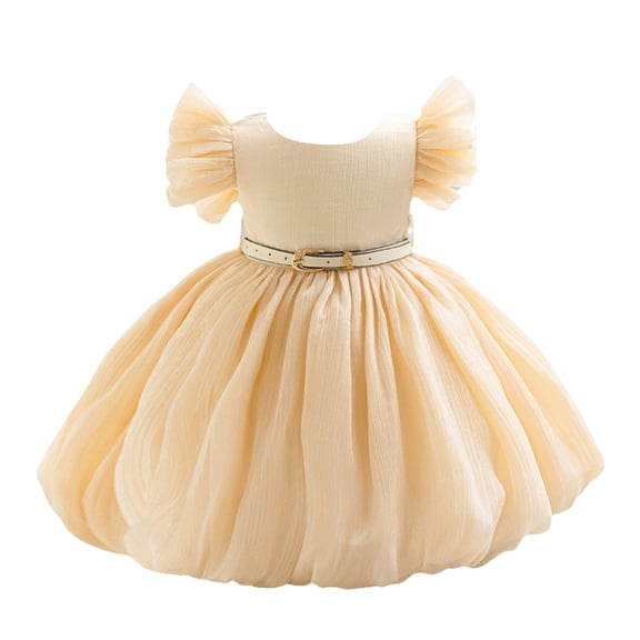 Girls Princess Gown Performance Kids Girls Tulle Dress with Puff Sleeves and Belted Waist for Formal Party Wedding Birthday Events Princess Dress Up for Girls 4-6 (Champagne 100)