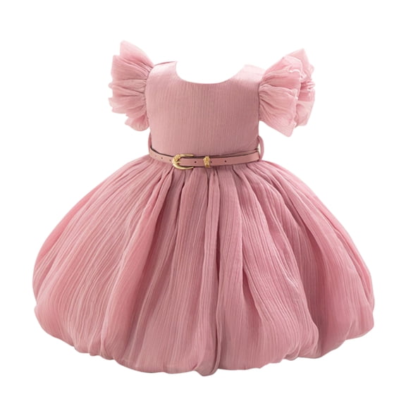Girls Princess Gown Performance Kids Girls Tulle Dress with Puff Sleeves and Belted Waist for Formal Party Wedding Birthday Events Princess Dress Up for Girls 4-6 (Light pink 90)