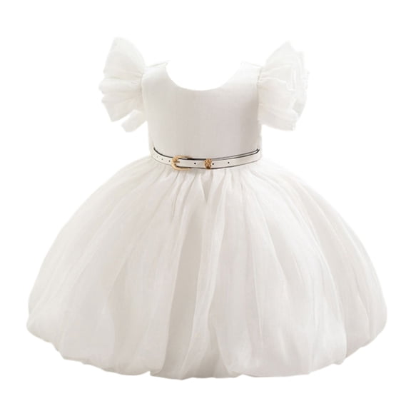 Girls Princess Gown Performance Kids Girls Tulle Dress with Puff Sleeves and Belted Waist for Formal Party Wedding Birthday Events Princess Dress Up for Girls 4-6 (White 70)