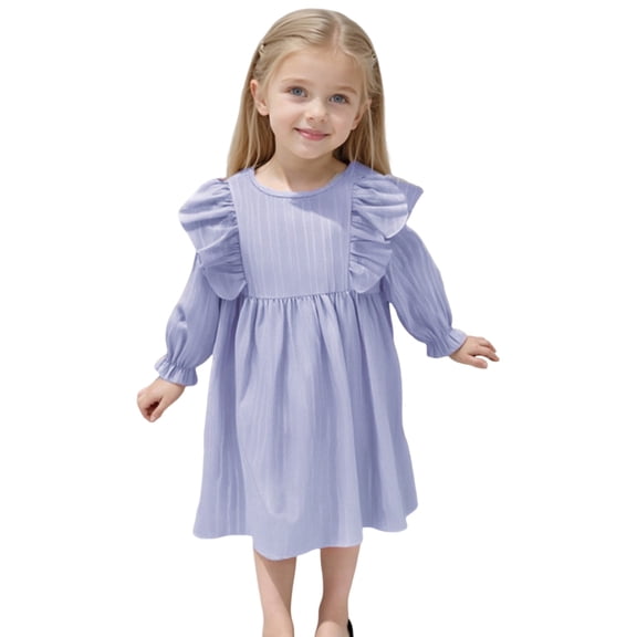 Girls Princess Gown Performance Long Sleeve Ruffle Detail Kids Girls Dress Casual Crew Neck Soft Fabric A Line Dress for Kids Daily Wear Princess Dress Up for Girls 4-6 (Light Purple 90)