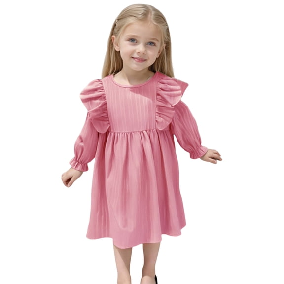 Girls Princess Gown Performance Long Sleeve Ruffle Detail Kids Girls Dress Casual Crew Neck Soft Fabric A Line Dress for Kids Daily Wear Princess Dress Up for Girls 4-6 (Pink 90)