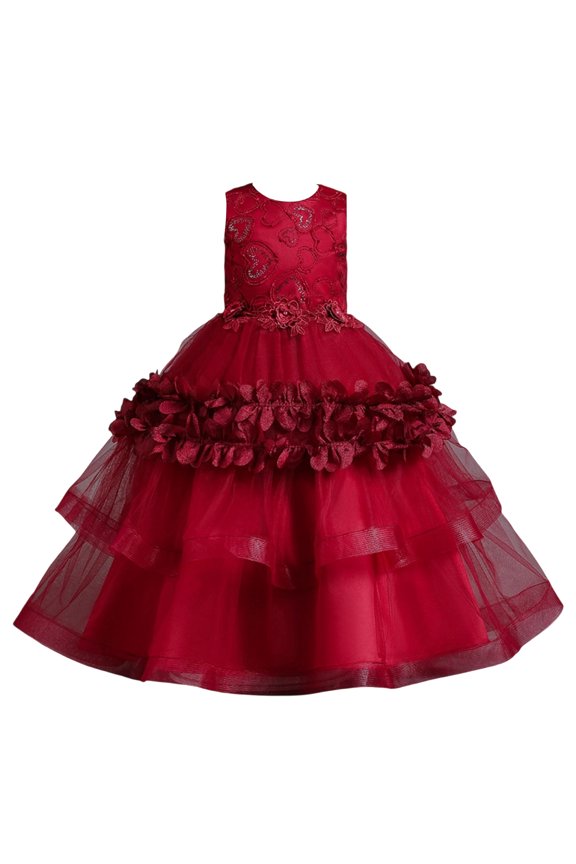 Girls Princess Gown Performance Sleeveless Floral Appliqué Layered Tulle Ball Gown Dress for Girls Elegant Formal Occasion Wear Princess Style Princess Dress Up for Girls 4-6 (Deep Red 140)