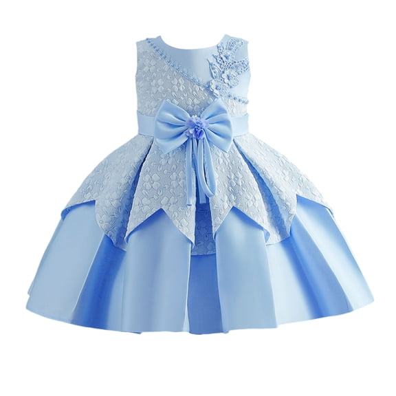 Girls Princess Gown Performance Sleeveless Flower Girl Dress for Children with Bowknot Overlay and Layered Skirt Suitable for Special Occasions Princess Dress Up for Girls 4-6 (Sky Blue 70)