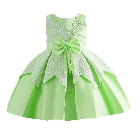 Girls Princess Gown Performance Sleeveless Flower Girl Dress for Children with Bowknot Overlay and Layered Skirt Suitable for Special Occasions Princess Dress Up for Girls 4-6 (Green 70)