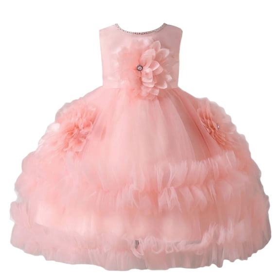 Girls Princess Gown Performance Sleeveless Flower Girl Dress with Layered Tulle Skirt Floral Appliques and Round Neck for Special Occasions Parties Weddings Princess Dress Up for Girls 4-6 (Pink 110)