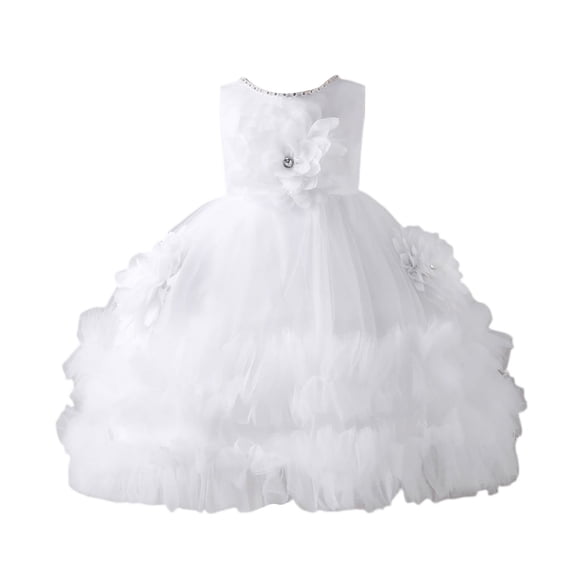 Girls Princess Gown Performance Sleeveless Flower Girl Dress with Layered Tulle Skirt Floral Appliques and Round Neck for Special Occasions Parties Weddings Princess Dress Up for Girls 4-6 (White 90)