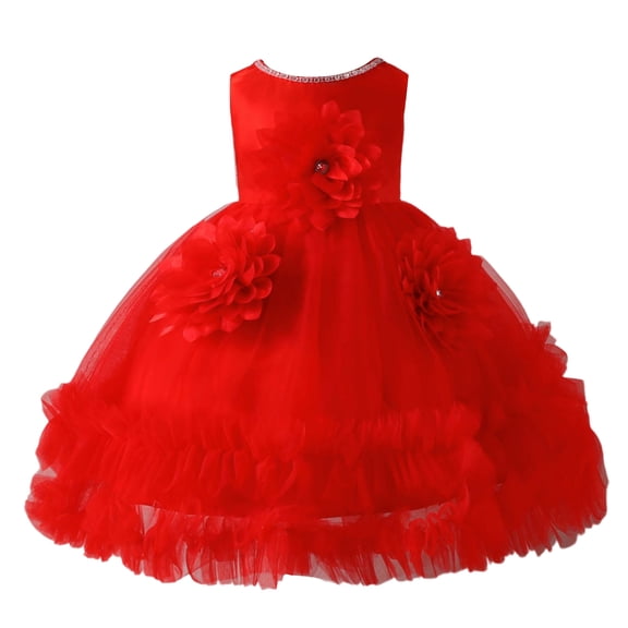 Girls Princess Gown Performance Sleeveless Flower Girl Dress with Layered Tulle Skirt Floral Appliques and Round Neck for Special Occasions Parties Weddings Princess Dress Up for Girls 4-6 (Red 100)