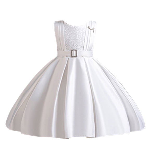 Girls Princess Gown Performance Sleeveless Formal Dress for Girls with Pleated Skirt and Decorative Buckle for Special Occasions and Parties Princess Dress Up for Girls 4-6 (White 120)