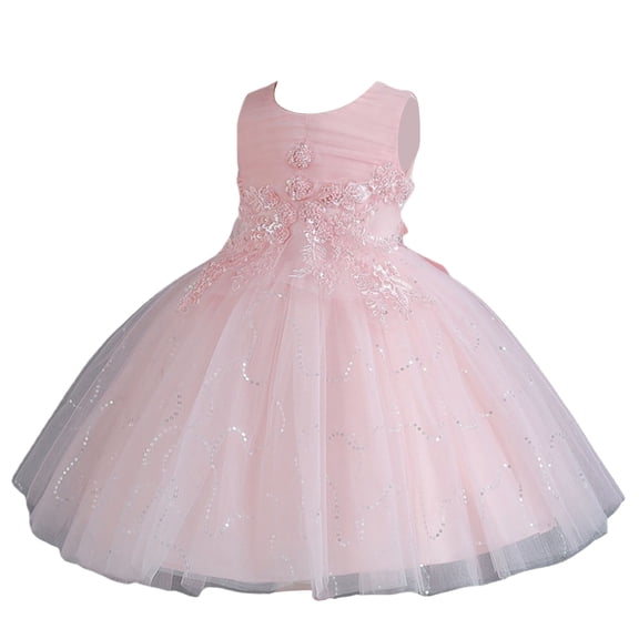 Girls Princess Gown Performance Sleeveless Tulle Flower Girl Dress with Floral Appliques and Matching Headband for Special Occasions Parties Weddings Princess Dress Up for Girls 4-6 (Pink 70)