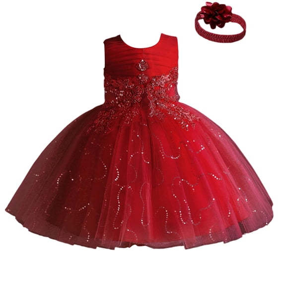 Girls Princess Gown Performance Sleeveless Tulle Flower Girl Dress with Floral Appliques and Matching Headband for Special Occasions Parties Weddings Princess Dress Up for Girls 4-6 (Deep Red 70)