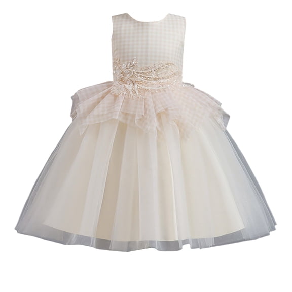 Girls Princess Gown Performance Sleeveless Tulle Flower Girl Dress with Layered Skirt and Embroidered Appliqué for Special Occasions Princess Dress Up for Girls 4-6 (Champagne 110)
