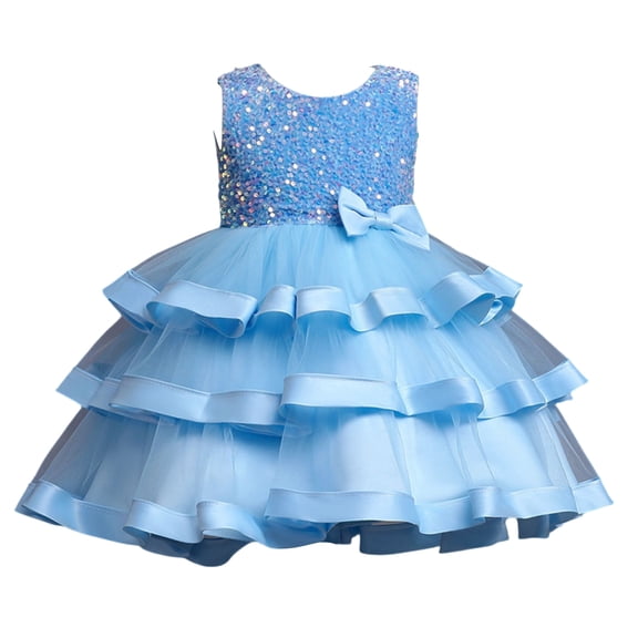 Girls Princess Gown Performance Sleeveless Tulle Layered Dress with Sequin Embellished Bodice and Bow Accent for Girls Party Wedding Birthday Princess Dress Up for Girls 4-6 (Sky Blue 120)