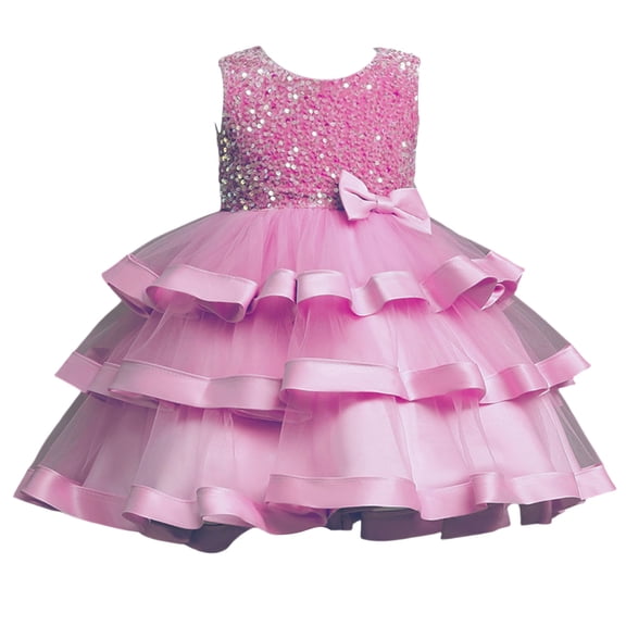 Girls Princess Gown Performance Sleeveless Tulle Layered Dress with Sequin Embellished Bodice and Bow Accent for Girls Party Wedding Birthday Princess Dress Up for Girls 4-6 (Light pink 70)