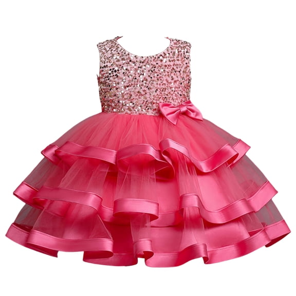 Girls Princess Gown Performance Sleeveless Tulle Layered Dress with Sequin Embellished Bodice and Bow Accent for Girls Party Wedding Birthday Princess Dress Up for Girls 4-6 (Watermelon Red 90)