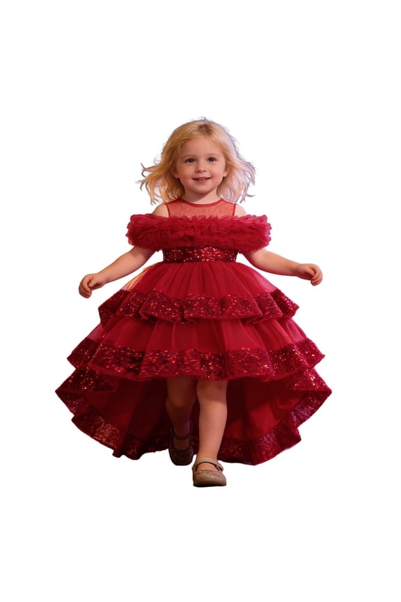 Girls Princess Gown with Layered Ruffles and Detachable Sequin Train Size 6M-3 Years