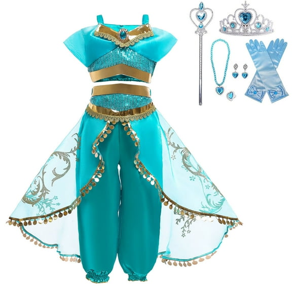 Girls Princess Jasmine Costume Dress Up Birthday Party Outfit Halloween Party Costume