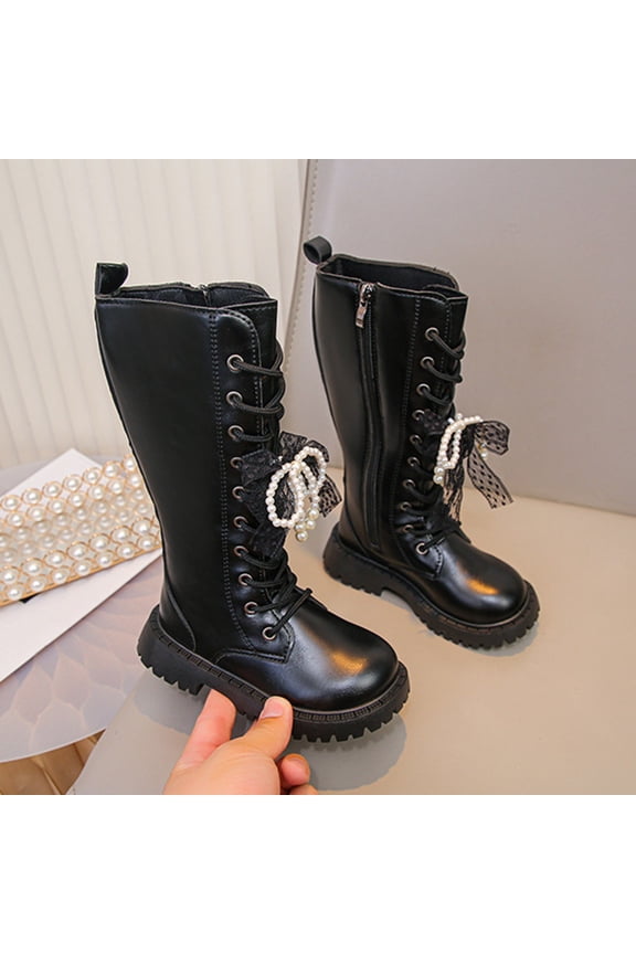 Girls Princess Knee High Knight Boots Smooth Solid Leather Side Zipper Thick Platform Tall Martin Boots for Autumn Winter Black 2.5(37)