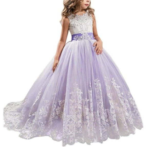 Girls Princess Lilac Pageant Long Dress Kids Tulle Prom Ball Gowns