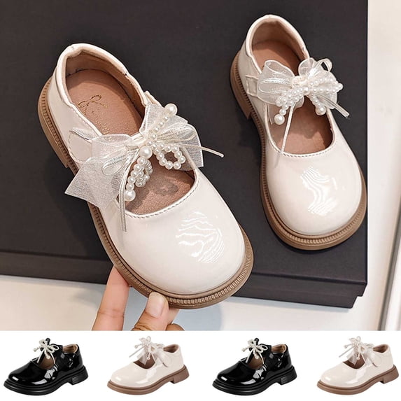 Girls Princess Mary Jane Flats, Patent PU upper with Lace Pearl Bow Decor, Low Heel Princess Shoes for Weddings, Parties Black 36