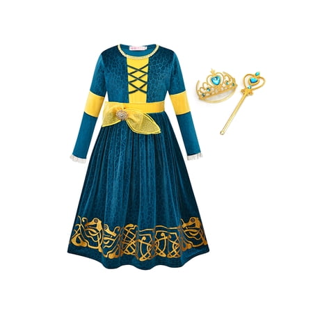 Girls Princess Merida Costume Dress Birthday Halloween Party Dress Up