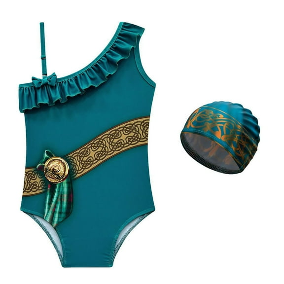 Girls Princess Merida One Piece Swimsuit Ruffle 1-Shoulder Bathing Suit with Swim Cap, 2-8 Year