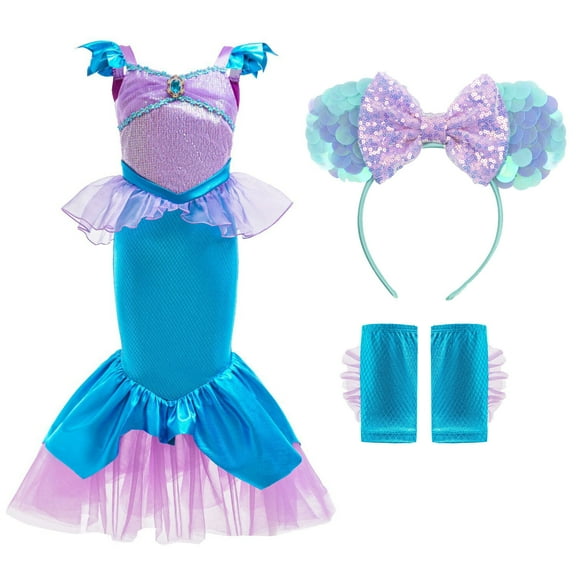 Girls Princess Mermaid Fancy-Dress w/Headband Halloween Cosplay Costumes 3-8Years