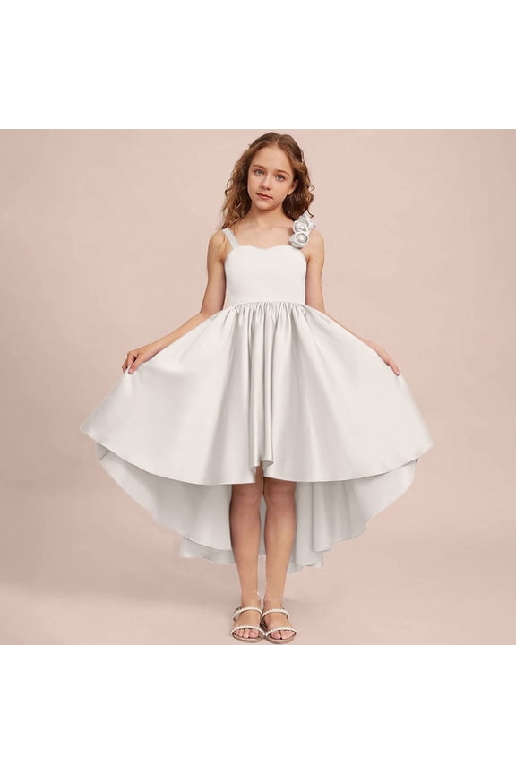 Girls Princess Party Dress with Shoulder Rose, Sleeveless Flower Girl Gown for Wedding Birthday Pageant, Elegant Tulle Net Skirt for Special Occasions, Age 2-12 Years White 130
