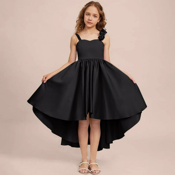 Girls Princess Party Dress with Shoulder Rose, Sleeveless Flower Girl Gown for Wedding Birthday Pageant, Elegant Tulle Net Skirt for Special Occasions, Age 2-12 Years Black 120