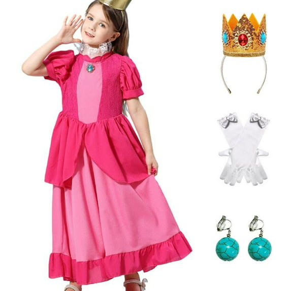 Girls Princess Peach Costume Dress Halloween Cosplay Dress Up with Accessories, Size for 2-9 year