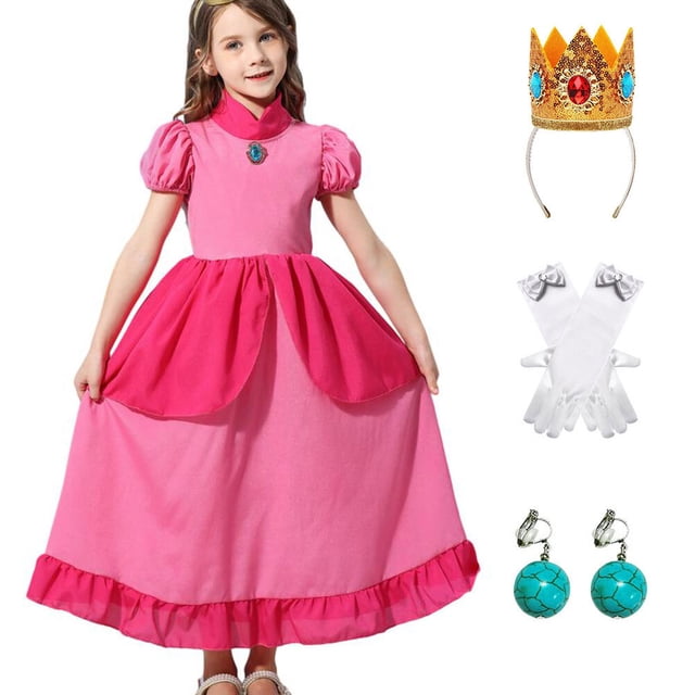 Girls Princess Peach Costume Dress Halloween Cosplay Dress Up with ...