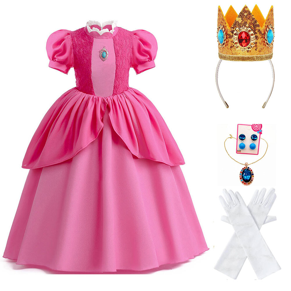 Girls Princess Peach Costume Dress with Accessories, Halloween Super Brothers Dress Up, Size 3