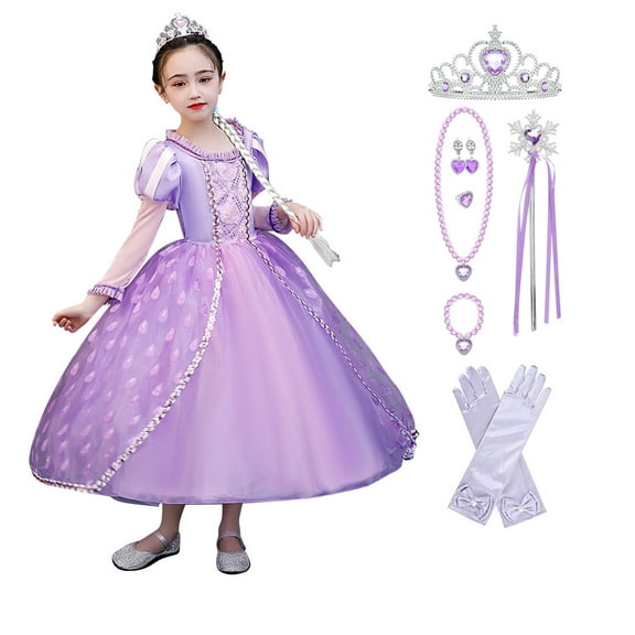Girls Princess Rapunzel Dresses Costume Long Sleeve Tulle Dress up for Halloween Cosplay Christmas Xmas Party w/Gloves Accessories