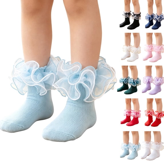 Girls Princess Ruffle Lace Ankle Socks, Cute Organza Frilly Trim Short Socks, Kids Ballet Dance Dress Socks, Soft Breathable Cotton Fashion Party Costume Socks for Girls Light Blue 2XS