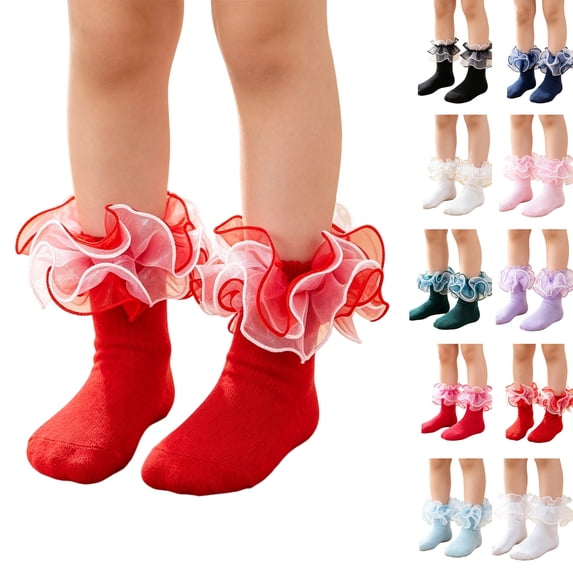 Girls Princess Ruffle Lace Ankle Socks, Cute Organza Frilly Trim Short Socks, Kids Ballet Dance Dress Socks, Soft Breathable Cotton Fashion Party Costume Socks for Girls Red XS