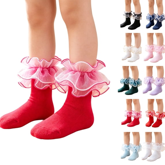 Girls Princess Ruffle Lace Ankle Socks, Cute Organza Frilly Trim Short Socks, Kids Ballet Dance Dress Socks, Soft Breathable Cotton Fashion Party Costume Socks for Girls Hot Pink XS