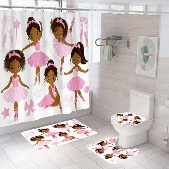 Girls Princess Shower Curtain Set, 4PCS Pink WhiteBathroom Sets with Shower Curtains, Bath Rug, Toilet Lid Cover and U Shaped Mat, 12 Hooks