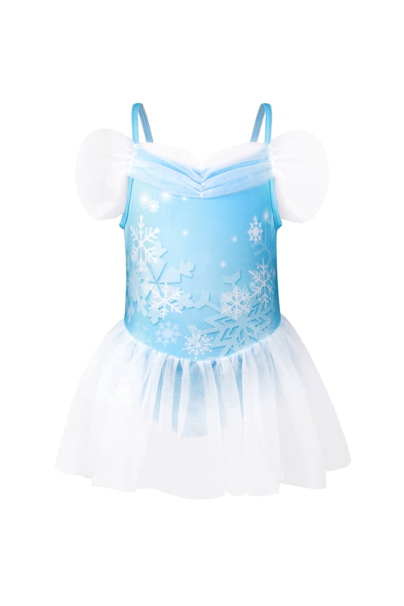 Girls Princess Swimsuit One Piece Bathing Suit with Tutu Skirt Snow Snowflake Swimwear for Toddler Kids 3-7 Years
